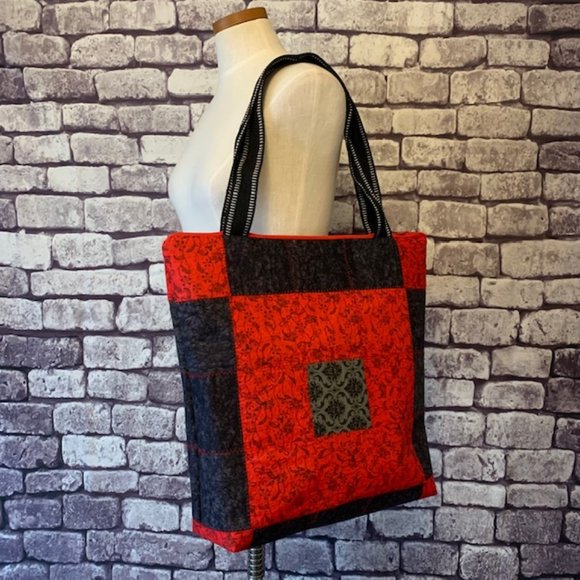 Handmade Quilted Large Red & Black Tote Bag - Picture 2 of 11